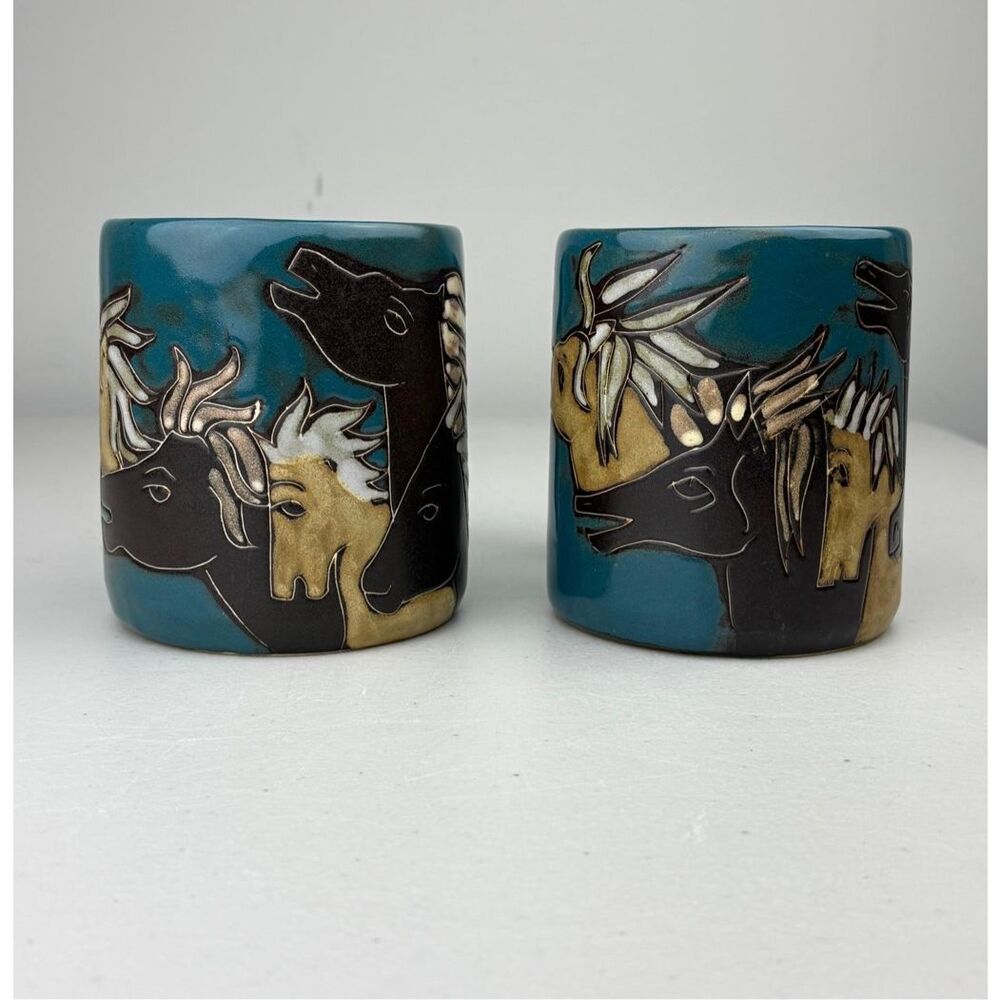 Set of 2 Mara Mexico Art Pottery Western Horse Stoneware Coffee Mugs Embossed FC